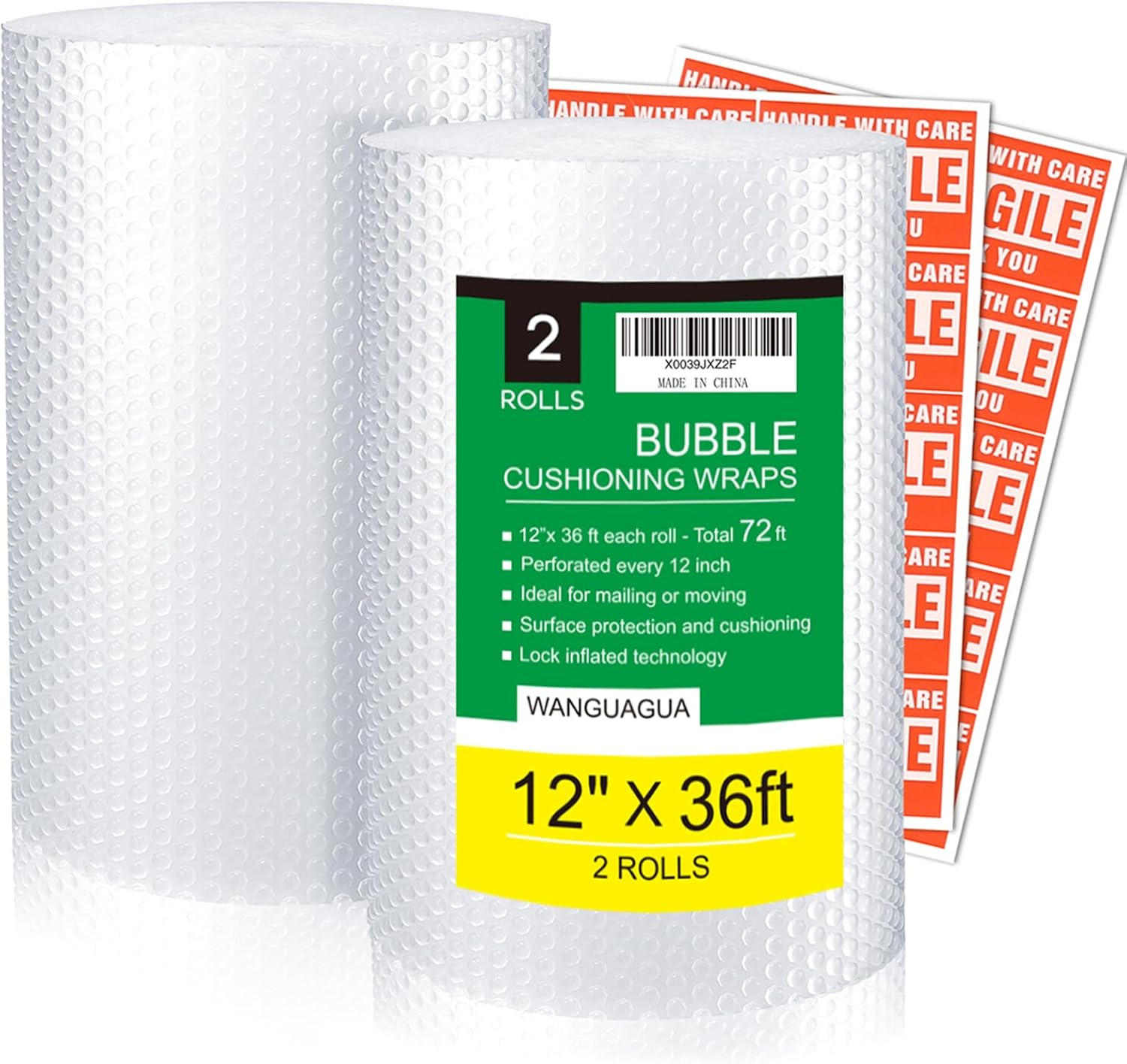 wanguagua Bubble Packing Moving Wrap, 12 Inch x 72 ft Total, 2 Pack | Heavy Duty Fully-inflated Bubbles for Boxes, Shipping Cushioning Supplies, Perforated Every 12"